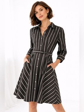 UNTUCKit Willow Striped Shirt Dress Belted Black White Size 8 Button Front